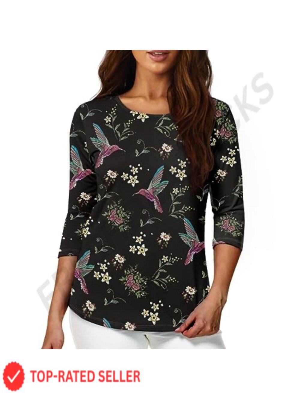 Women 3/4 Sleeve Tunic Top Loose Fit Casual Blouse Knit Crew Neck